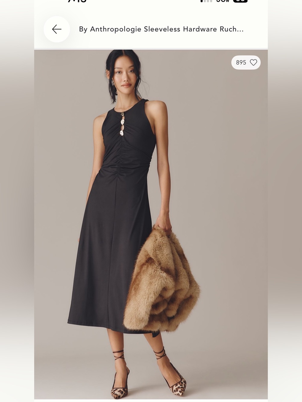 Anthropologie Black Sleeveless Ruched Midi Dress with Hardware Accents